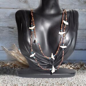 Zuni Mother of Pearl & Shell Bird Fetish Turquoise Bead 2 Strand .925 Necklace